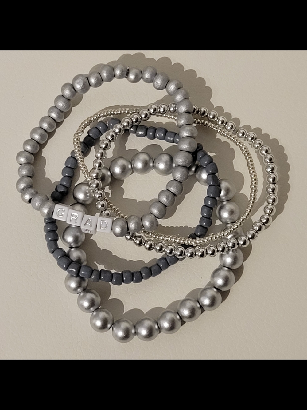 Graduation Stackable Beaded Bracelet Set Of 5 Silver and Gray